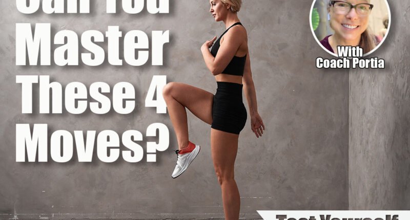 Female trainer standing performs the exercise of the concept of the leg bent at the knee. A girl in black shorts and top performs athletic exercises, drawing attention to the sport. If You Can Master These 4 Moves After 50, You
