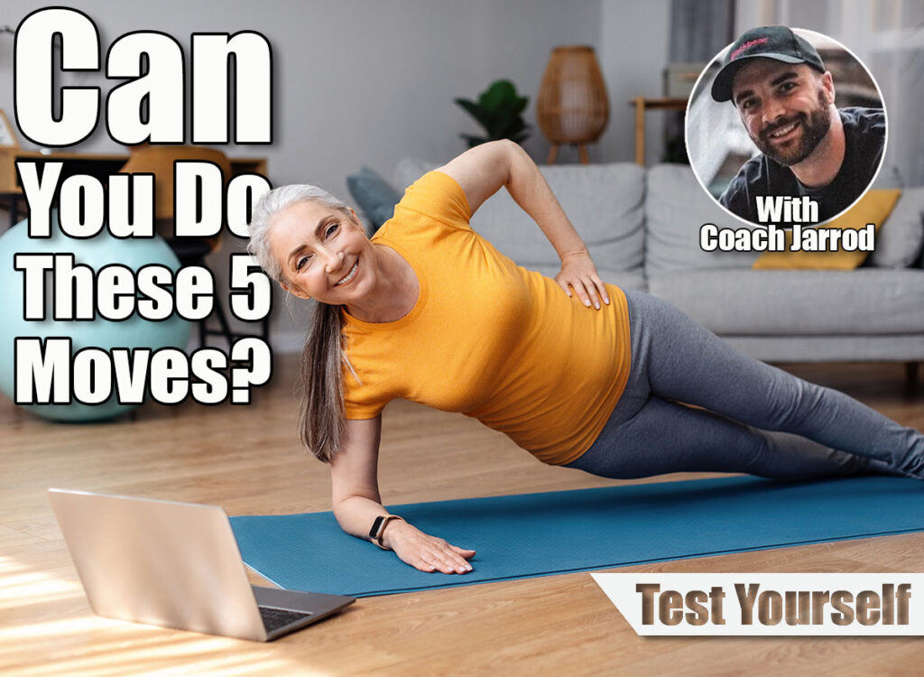 Happy fit senior woman standing in side plank, training on yoga mat in living room, using laptop, watching tutorial or working out with trainer. Master These 5 Bodyweight Movements After 55 and You