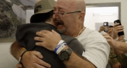 Israeli hostages freed: Father stands from wheelchair to embrace Bar Kuperstein (Video)