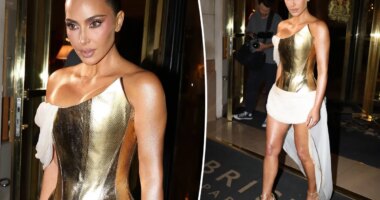 Kim Kardashian is a Grecian goddess in vintage Givenchy corset dress on 45th birthday