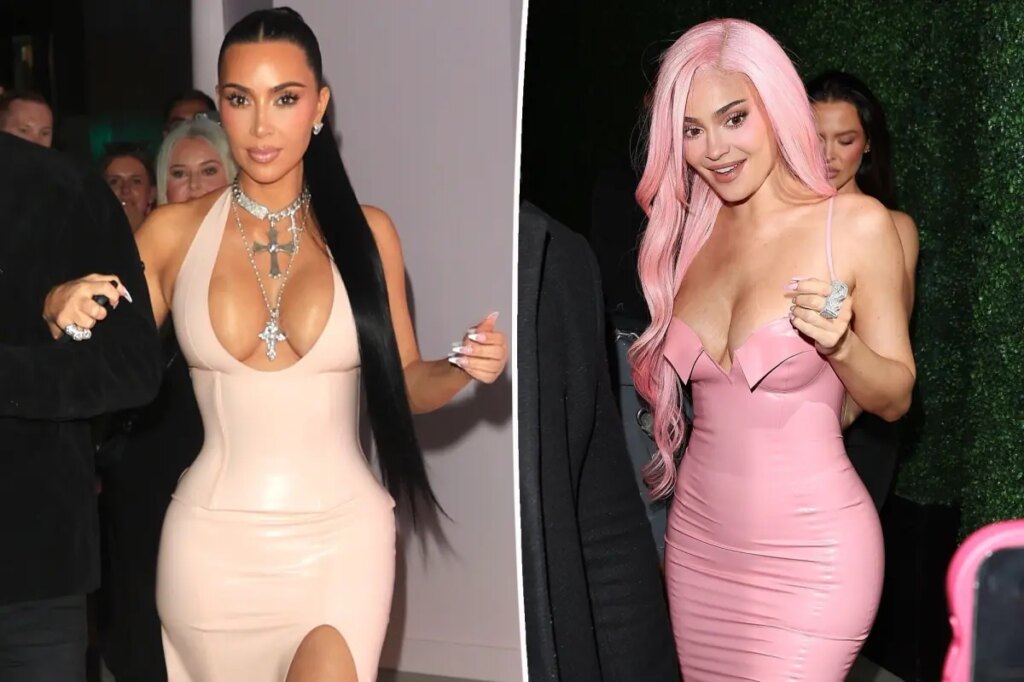 Kylie Jenner and Kim Kardashian rock skintight latex dresses at Kylie Cosmetics pop-up event
