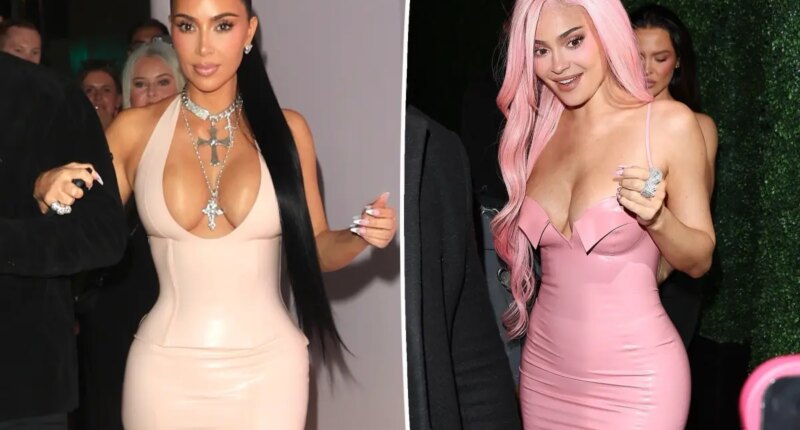 Kylie Jenner and Kim Kardashian rock skintight latex dresses at Kylie Cosmetics pop-up event