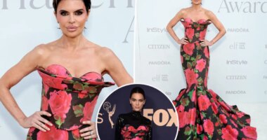 Lisa Rinna dazzles in dramatic rose-print gown previously worn by Kendall Jenner