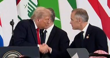 Moment Trump and Carney joke after US president mislabels Canadian PM