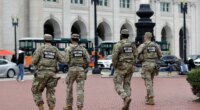 National Guard soldiers patrol at Union Station, Tuesday, Oct. 28, 2025, in Washington. (AP Photo/Rahmat Gul)