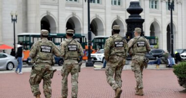National Guard soldiers patrol at Union Station, Tuesday, Oct. 28, 2025, in Washington. (AP Photo/Rahmat Gul)
