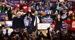Sen. Bernie Sanders, I-Vt., left, New York City mayoral candidate Zohran Mamdani, center, and Rep. Alexandria Ocasio-Cortez, D-N.Y., appear on stage during a rally, Sunday, Oct. 26, 2025, in New York. (AP Photo/Heather Khalifa)