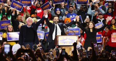 Sen. Bernie Sanders, I-Vt., left, New York City mayoral candidate Zohran Mamdani, center, and Rep. Alexandria Ocasio-Cortez, D-N.Y., appear on stage during a rally, Sunday, Oct. 26, 2025, in New York. (AP Photo/Heather Khalifa)