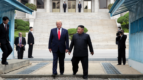 PANMUNJOM, SOUTH KOREA - JUNE 30: (SOUTH KOREA OUT): A handout photo provided by Dong-A Ilbo of North Korean leader Kim Jong Un and U.S. President Donald Trump inside the demilitarized zone (DMZ) separating the South and North Korea on June 30, 2019 in Panmunjom, South Korea.