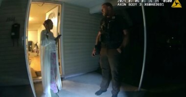 FILE - In this image taken from body camera video released by Illinois State Police, Sonya Massey, left, talks with former Sangamon County Sheriff