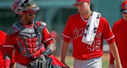 FILE - Los Angeles Angels starting pitcher Tyler Skaggs (45) talks with catcher Martin Maldonado, left, after warming up in the bullpen prior to a spring training baseball game against the Chicago White Sox, March 4, 2017, in Glendale, Ariz. (AP Photo/Ross D. Franklin, File)