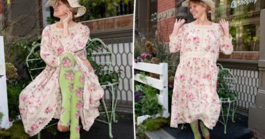 Pamela Anderson turns heads with wild floral outfit at garden-themed skincare event