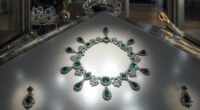 Necklace and earrings from the emerald set of Napoleon's second wife Empress Marie-Louise shown at the Louvre Museum on May 20, 2021.