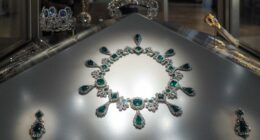 Necklace and earrings from the emerald set of Napoleon's second wife Empress Marie-Louise shown at the Louvre Museum on May 20, 2021.