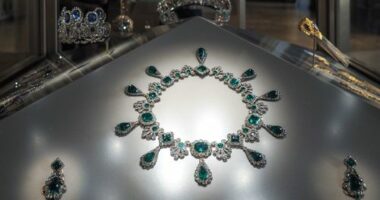 Necklace and earrings from the emerald set of Napoleon's second wife Empress Marie-Louise shown at the Louvre Museum on May 20, 2021.
