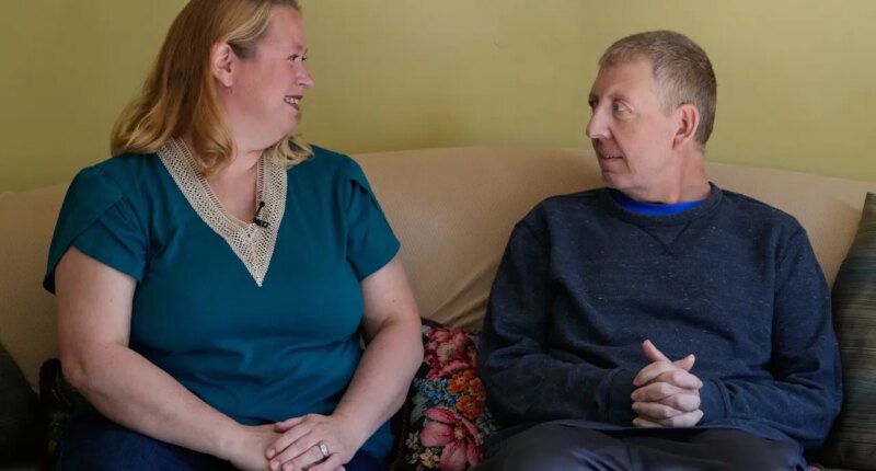 Martha Swick, left, and her husband Bill Swick look at each other at their home in Minooka, Ill., Friday, Oct. 24, 2025. (AP Photo/Nam Y. Huh)
