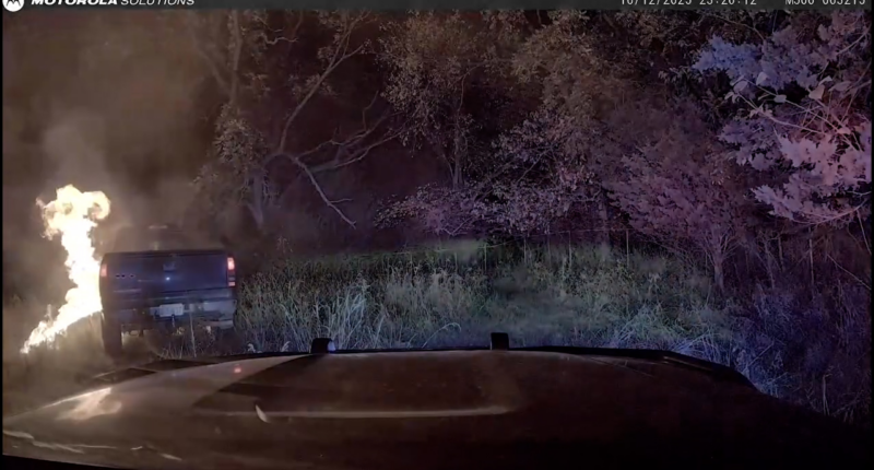 Police chase ends with truck explosion and fire in dramatic scene captured on camera