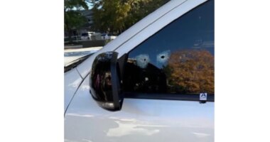 This image provided by Elizabeth Paige White shows bullet holes in a vehicle of Phillip M. Brown after a Homeland Security Investigations agent fired shots Oct. 17, 2025, in Washington, during a traffic stop. (Elizabeth Paige White via AP)