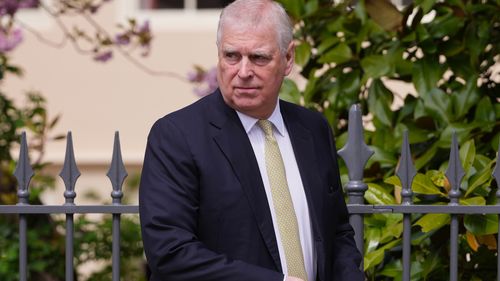 Prince Andrew, Duke of York, looks round as he leaves after attending the Easter Matins Service at St. George's Chapel, Windsor Castle, England, Sunday, April 20, 2025. (AP Photo/Kirsty Wigglesworth, Pool)