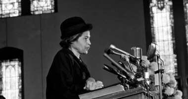 FILE - Rosa Parks speaks at Ebenezer Baptist Church in Atlanta, Ga., Jan. 15, 1969. (AP Photo/Joe Holloway, Jr., File)
