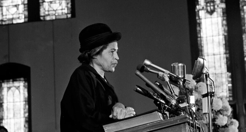 FILE - Rosa Parks speaks at Ebenezer Baptist Church in Atlanta, Ga., Jan. 15, 1969. (AP Photo/Joe Holloway, Jr., File)