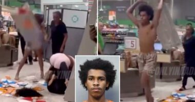 Shirtless Florida man Climont Mann strikes shoppers with metal shelf in brawl inside Publix supermarket