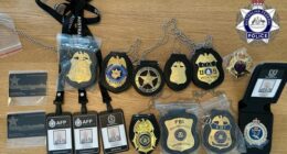 Fake law enforcement badges and identification were seized.