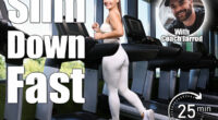 Smiling woman training on treadmill in gym, low angle view. The 25-Minute Daily Walking Workout To Slim Down Fast. Cover