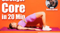 Full body young fitness woman wears top shorts purple clothes in home gym train do abdominal abs exercises at floor, do half bridge pose isolated on plain orange background. Workout sport fit concept. The Daily Yoga Flow That Tightens and Strengthens Your Core. Cover