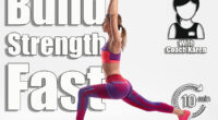 Full body side view of strong young female in sportswear performing rear lunge exercise with raised arms during training against white background. This 10-Minute Morning Standing Routine Builds More Strength After 50. Cover