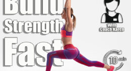 Full body side view of strong young female in sportswear performing rear lunge exercise with raised arms during training against white background. This 10-Minute Morning Standing Routine Builds More Strength After 50. Cover