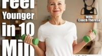 Portrait of happy healthy athletic elderly woman in white mockup t-shirt with copy space for your advertising content exercising at home with green dumbell, training hand and back muscles. This 10-Minute Standing Routine Reverses Aging Better Than an Hour of Cardio After 50. Cover