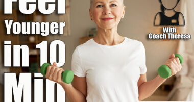 Portrait of happy healthy athletic elderly woman in white mockup t-shirt with copy space for your advertising content exercising at home with green dumbell, training hand and back muscles. This 10-Minute Standing Routine Reverses Aging Better Than an Hour of Cardio After 50. Cover