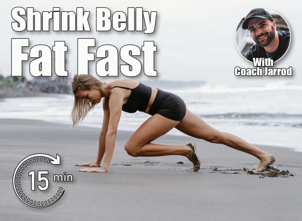 Sporty woman doing mountain climber exercise - run in plank to burn fat. Sunset beach, blue sky background. Healthy lifestyle at tropical island yoga retreat, outdoor activity, family summer vacation. This 15-Minute Bodyweight Routine Shrinks Belly Fat Faster Than Running After 50. Cover