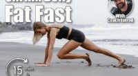Sporty woman doing mountain climber exercise - run in plank to burn fat. Sunset beach, blue sky background. Healthy lifestyle at tropical island yoga retreat, outdoor activity, family summer vacation. This 15-Minute Bodyweight Routine Shrinks Belly Fat Faster Than Running After 50. Cover