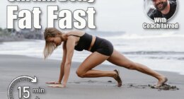 Sporty woman doing mountain climber exercise - run in plank to burn fat. Sunset beach, blue sky background. Healthy lifestyle at tropical island yoga retreat, outdoor activity, family summer vacation. This 15-Minute Bodyweight Routine Shrinks Belly Fat Faster Than Running After 50. Cover
