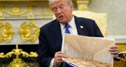 President Donald Trump holds an artist rendering of the interior of the new White House ballroom.