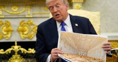President Donald Trump holds an artist rendering of the interior of the new White House ballroom.