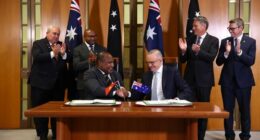 Prime Minister Anthony Albanese and Prime Minister of Papua New Guinea James Marape during a press conference after signing the Pukpuk defence Treaty at Parliament House in Canberra on October 6, 2025.