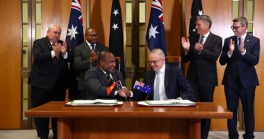 Prime Minister Anthony Albanese and Prime Minister of Papua New Guinea James Marape during a press conference after signing the Pukpuk defence Treaty at Parliament House in Canberra on October 6, 2025.