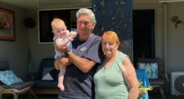 Howard and Shirley Hill with their great-granddaughter outside their beloved Dicky Beach Holiday Park home.