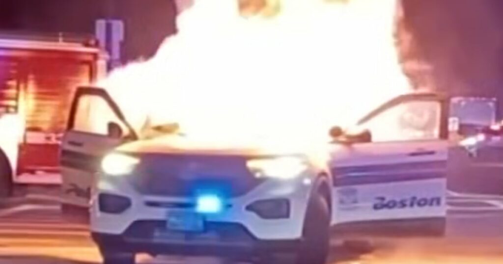 Crowd sets Boston police car on fire with fireworks