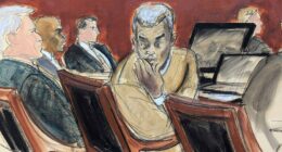 courtroom drawing of Sean "Diddy" Combs blowing kisses to people in the audience