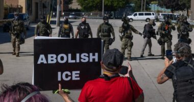 Protesters gather in front of ICE officers. One holds a sign reading ABOLISH ICE
