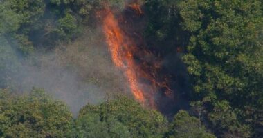 Firefighters are working to control a bushfire that is threatening properties in a community in Brisbane's north-west.﻿