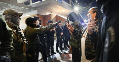 Federal agents, including members of the Department of Homeland Security, and the Border Patrol, hold back protesters outside a downtown U.S. Immigration and Customs Enforcement (ICE) facility.