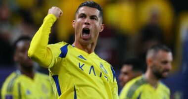 RIYADH, SAUDI ARABIA - FEBRUARY 03: Cristiano Ronaldo of Al Nassr celebrates after scoring the third goal of his team during the AFC Champions League Elite match between Al-Nassr and Al Wasl at King Saud University Stadium on February 03, 2025 in Riyadh, Saudi Arabia. (Photo by Al Nassr FC/Al Nassr FC via Getty Images)