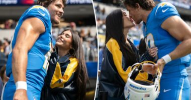 Madison Beer and Chargers QB Justin Herbert confirm romance with sideline PDA ahead of Commanders game