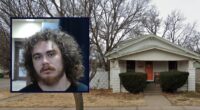 Inset: Isaiah William Langkiet (Sedgwick County Jail). Background: The Kansas home where Langkiet allegedly killed his grandmother (Google Maps).