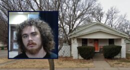 Inset: Isaiah William Langkiet (Sedgwick County Jail). Background: The Kansas home where Langkiet allegedly killed his grandmother (Google Maps).